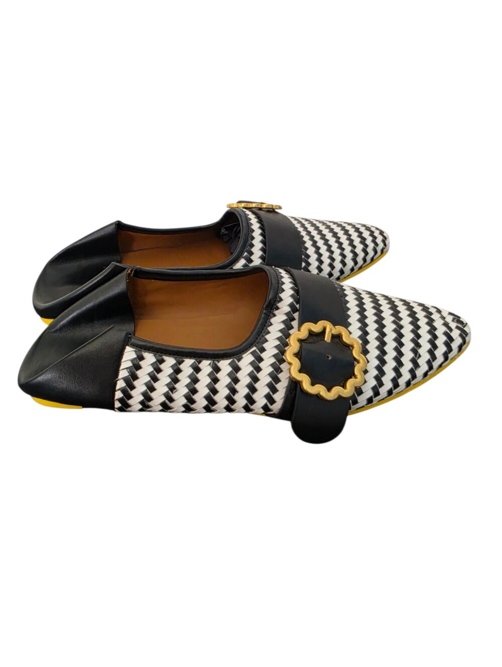 See by Chloé "Chany" Woven Flat Mule Black White Woven Pointed Flats with Gold